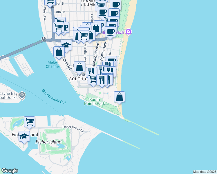 map of restaurants, bars, coffee shops, grocery stores, and more near 17 Ocean Drive in Miami Beach