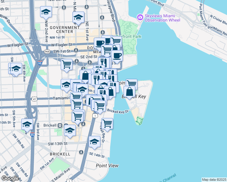 map of restaurants, bars, coffee shops, grocery stores, and more near 495 Brickell Avenue in Miami