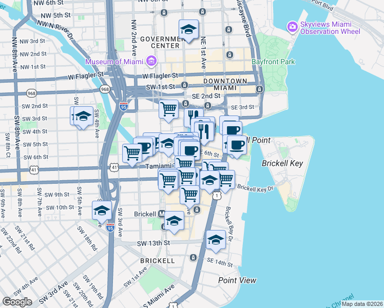 map of restaurants, bars, coffee shops, grocery stores, and more near 5 Southeast 6th Street in Miami