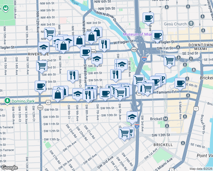 map of restaurants, bars, coffee shops, grocery stores, and more near 524 Southwest 6th Court in Miami