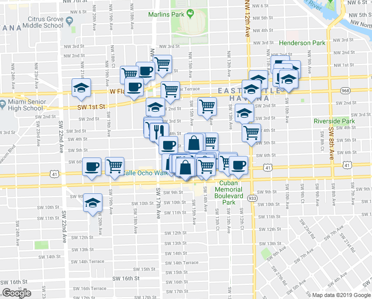 map of restaurants, bars, coffee shops, grocery stores, and more near 1523 Southwest 5th Street in Miami