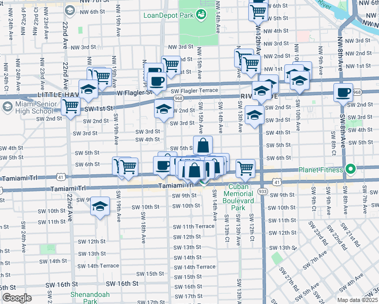 map of restaurants, bars, coffee shops, grocery stores, and more near 1523 Southwest 5th Street in Miami