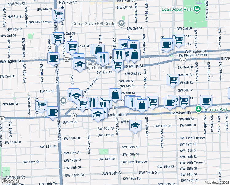 map of restaurants, bars, coffee shops, grocery stores, and more near 405-425 Southwest 22nd Court in Miami