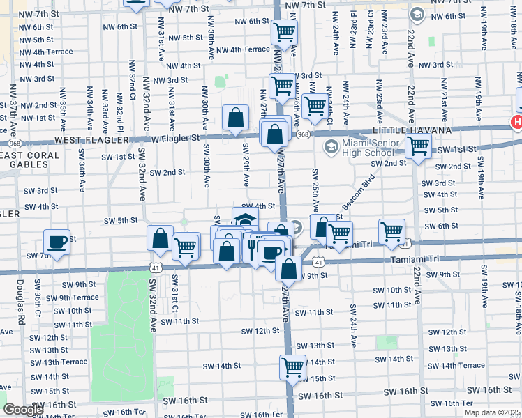 map of restaurants, bars, coffee shops, grocery stores, and more near 2835 Southwest 4th Street in Miami