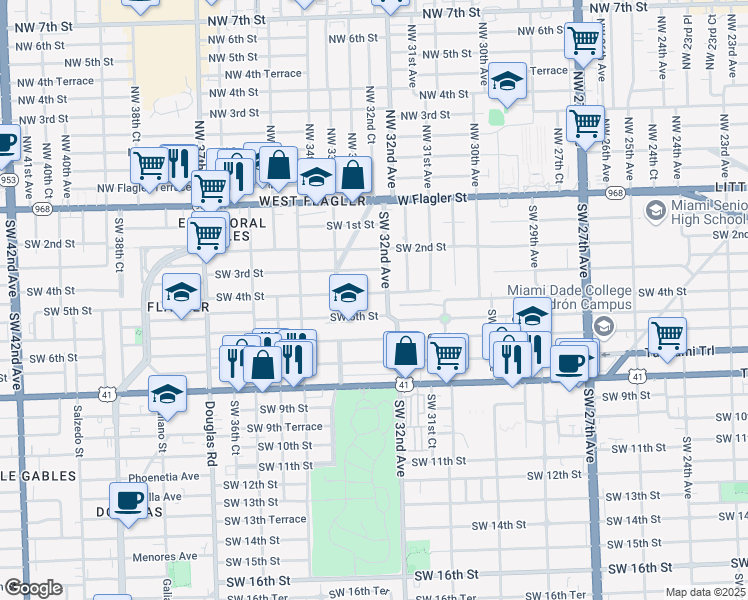 map of restaurants, bars, coffee shops, grocery stores, and more near 3253 Southwest 4th Street in Miami