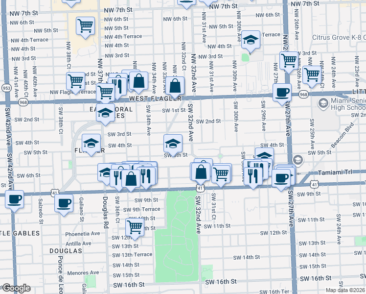 map of restaurants, bars, coffee shops, grocery stores, and more near 3253 Southwest 4th Street in Miami