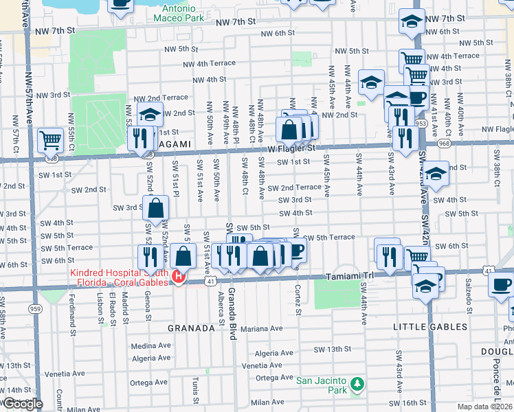 map of restaurants, bars, coffee shops, grocery stores, and more near 300 Southwest 48th Avenue in Coral Gables