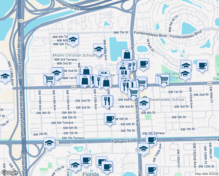 map of restaurants, bars, coffee shops, grocery stores, and more near 10900 Florida 968 in Miami