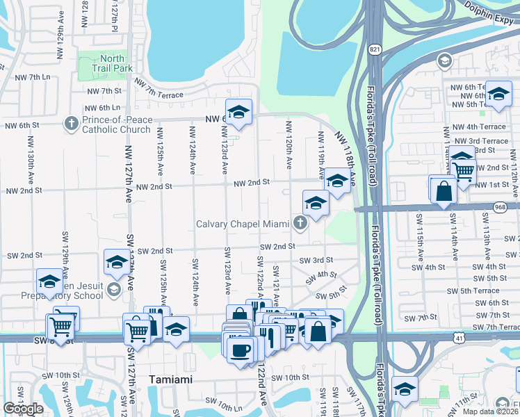 map of restaurants, bars, coffee shops, grocery stores, and more near 101 Northwest 122nd Avenue in Miami