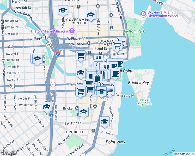 map of restaurants, bars, coffee shops, grocery stores, and more near 41 Southeast 6th Street in Miami