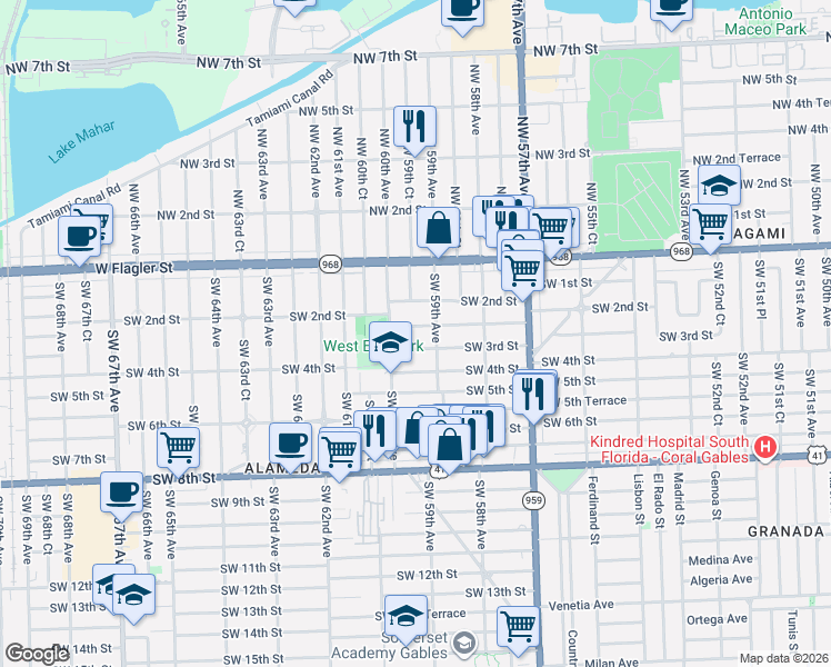 map of restaurants, bars, coffee shops, grocery stores, and more near 5920 Southwest 2nd Terrace in Miami