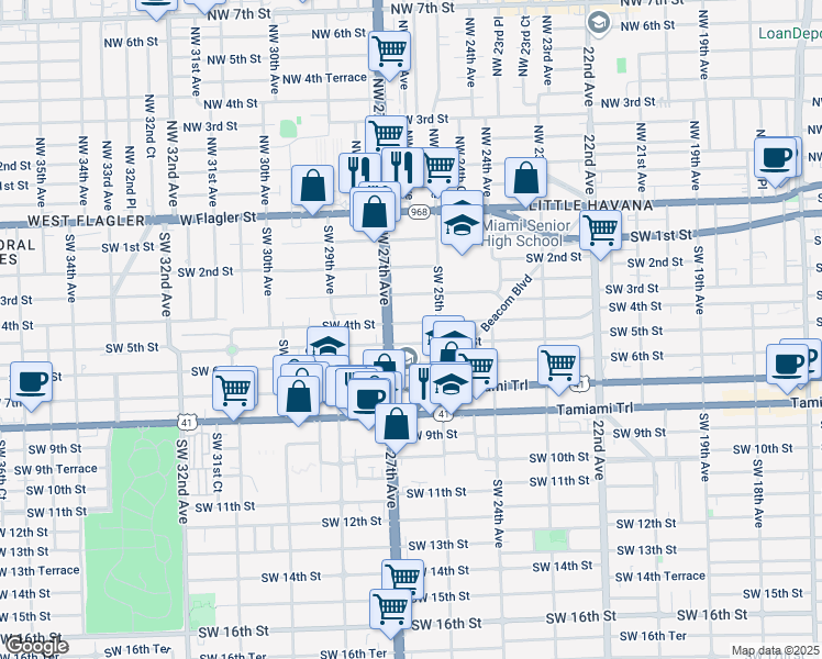 map of restaurants, bars, coffee shops, grocery stores, and more near 2607 Southwest 4th Street in Miami