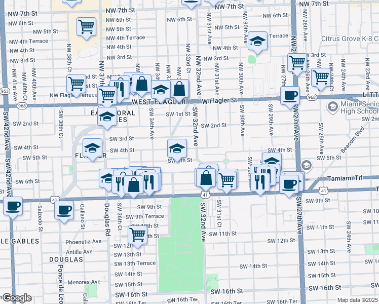 map of restaurants, bars, coffee shops, grocery stores, and more near 3253 Southwest 4th Street in Miami