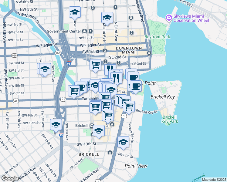 map of restaurants, bars, coffee shops, grocery stores, and more near 5 Southeast 6th Street in Miami