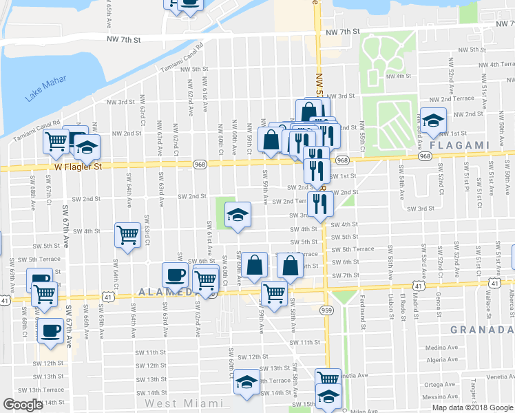 map of restaurants, bars, coffee shops, grocery stores, and more near 5920 Southwest 2nd Terrace in Miami