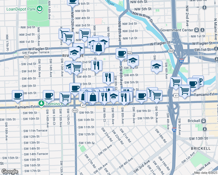 map of restaurants, bars, coffee shops, grocery stores, and more near 534 Southwest 9th Avenue in Miami