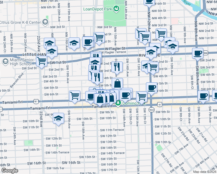 map of restaurants, bars, coffee shops, grocery stores, and more near 1600 Southwest 5th Street in Miami
