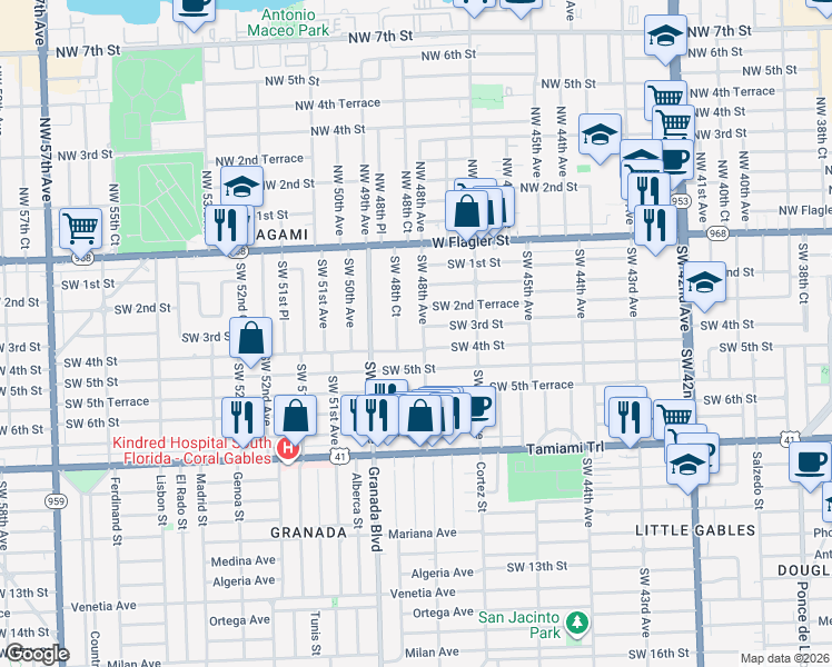 map of restaurants, bars, coffee shops, grocery stores, and more near 300 Southwest 48th Avenue in Coral Gables