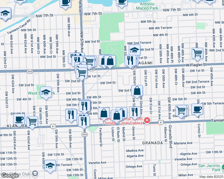 map of restaurants, bars, coffee shops, grocery stores, and more near Southwest 55th Avenue in Miami
