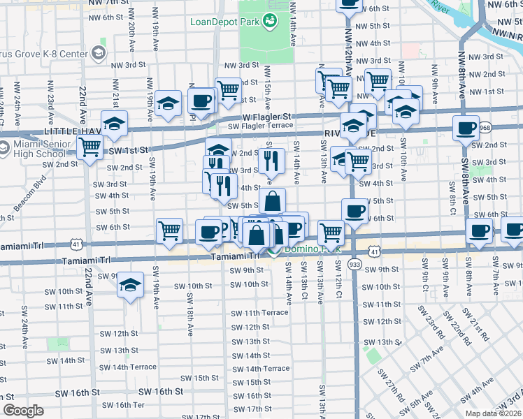 map of restaurants, bars, coffee shops, grocery stores, and more near 1528 Southwest 5th Street in Miami