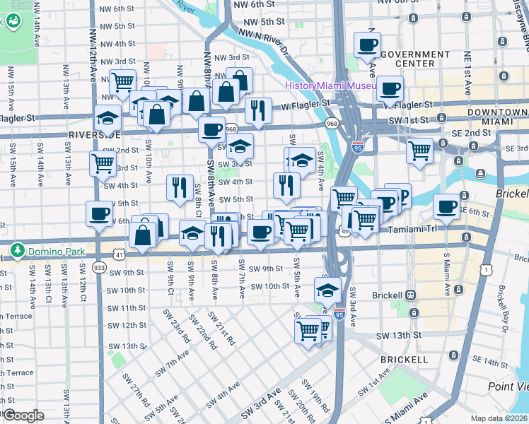 map of restaurants, bars, coffee shops, grocery stores, and more near 524 Southwest 6th Court in Miami