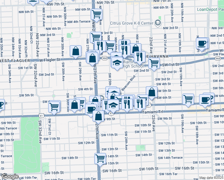 map of restaurants, bars, coffee shops, grocery stores, and more near 2484 Southwest 4th Street in Miami