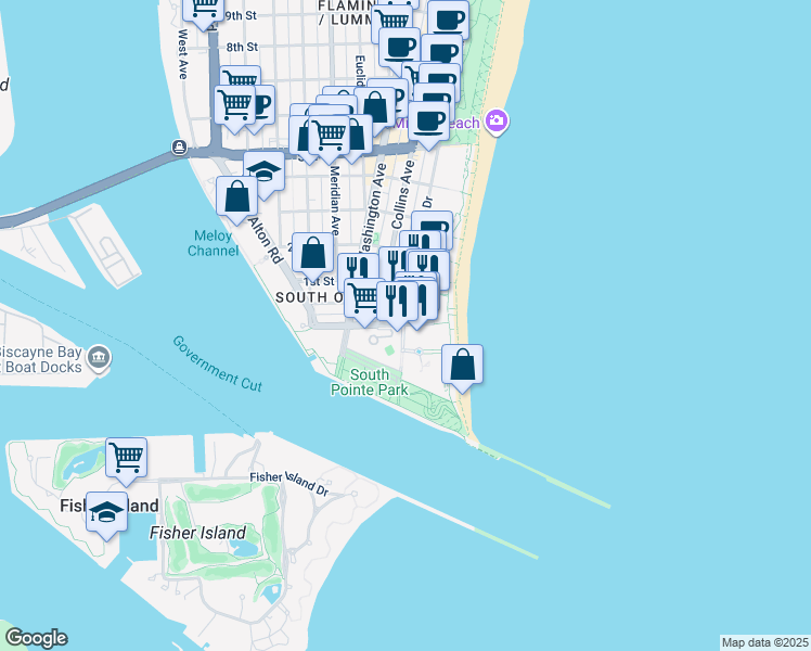 map of restaurants, bars, coffee shops, grocery stores, and more near Collins Ave & Ocean Dr in Miami Beach