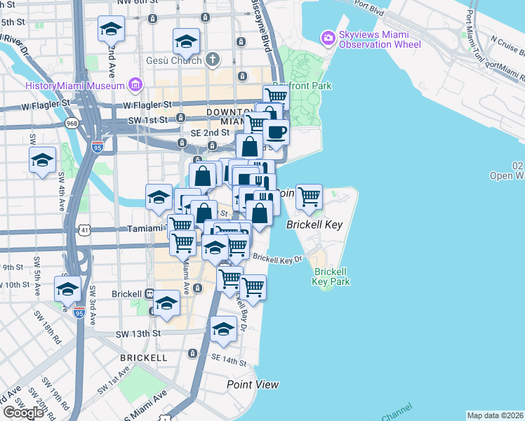 map of restaurants, bars, coffee shops, grocery stores, and more near 495 Brickell Avenue in Miami