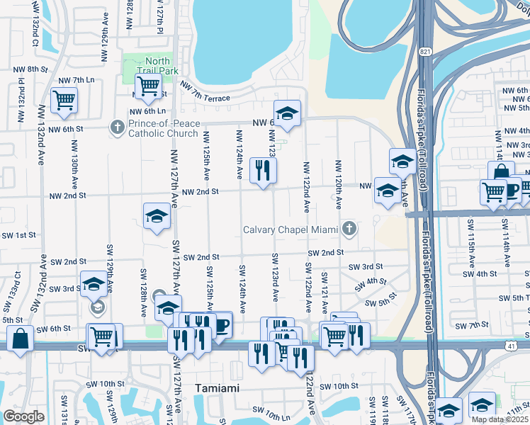 map of restaurants, bars, coffee shops, grocery stores, and more near 120 Northwest 123rd Avenue in Miami