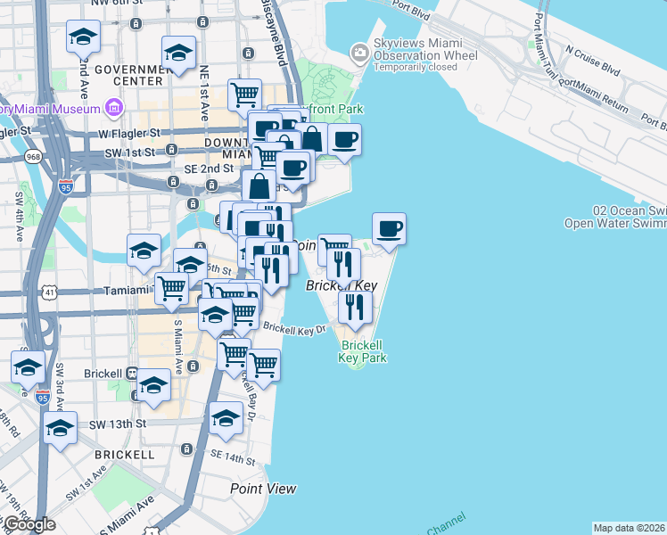 map of restaurants, bars, coffee shops, grocery stores, and more near 801 Brickell Key Boulevard in Miami