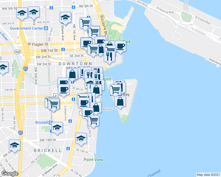 map of restaurants, bars, coffee shops, grocery stores, and more near 801 Brickell Key Boulevard in Miami