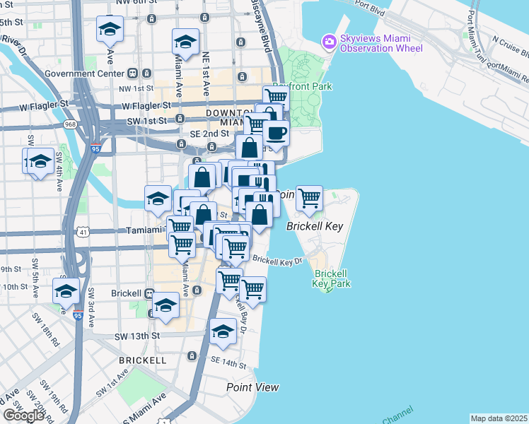 map of restaurants, bars, coffee shops, grocery stores, and more near 495 Brickell Avenue in Miami