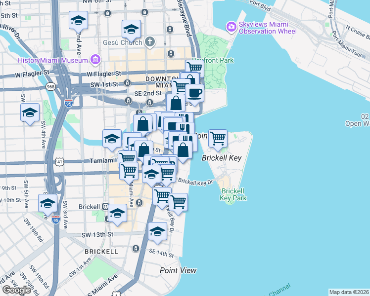map of restaurants, bars, coffee shops, grocery stores, and more near 495 Brickell Avenue in Miami