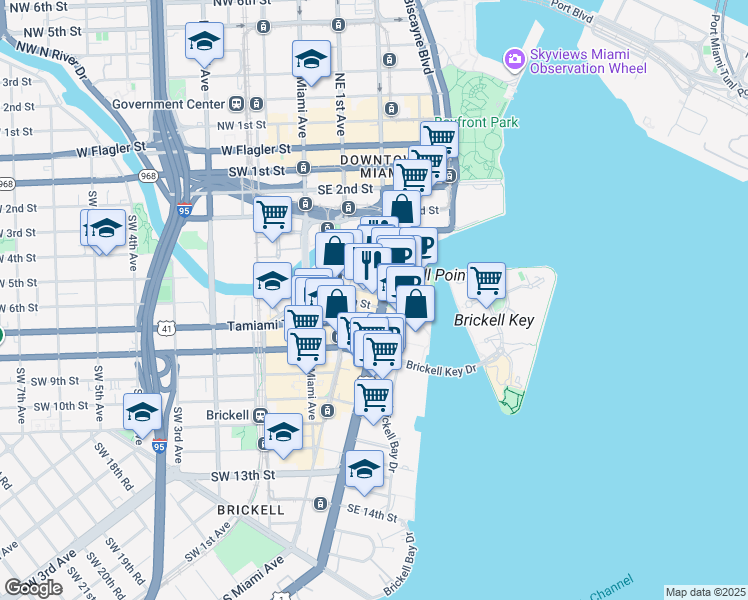 map of restaurants, bars, coffee shops, grocery stores, and more near 501 Brickell Avenue in Miami