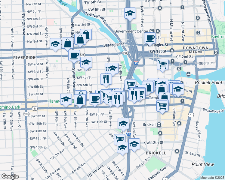 map of restaurants, bars, coffee shops, grocery stores, and more near 461 Southwest 6th Street in Miami