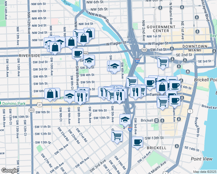 map of restaurants, bars, coffee shops, grocery stores, and more near 521 Southwest 6th Street in Miami