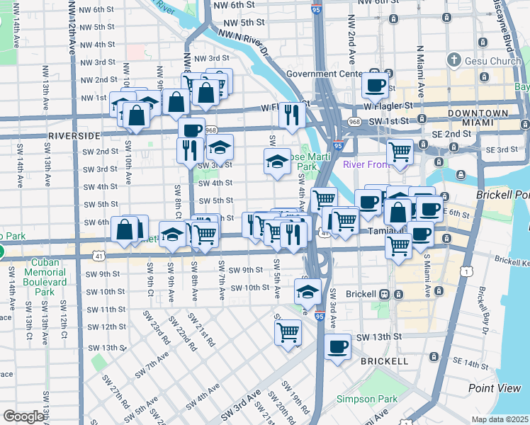 map of restaurants, bars, coffee shops, grocery stores, and more near 521 Southwest 6th Street in Miami