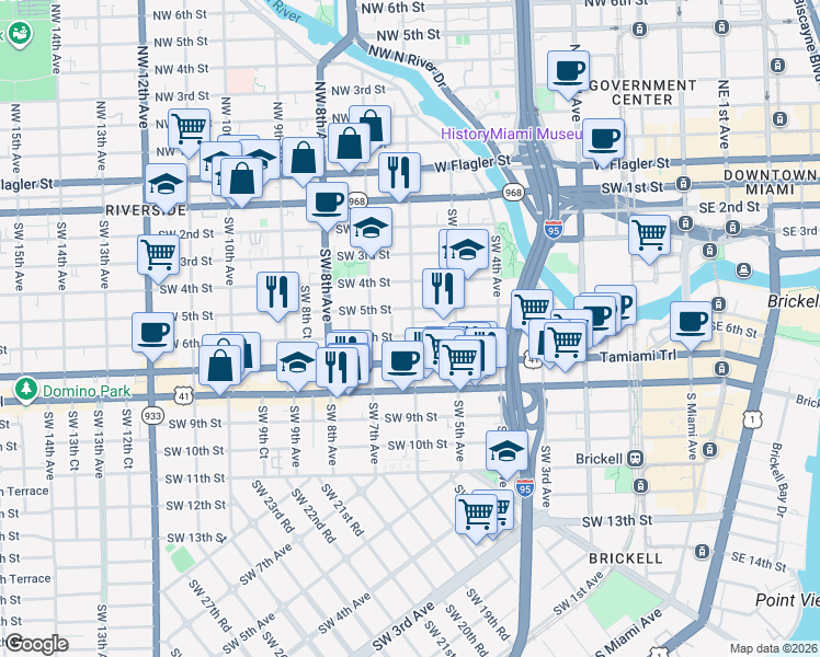map of restaurants, bars, coffee shops, grocery stores, and more near 524 Southwest 6th Court in Miami