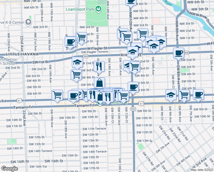 map of restaurants, bars, coffee shops, grocery stores, and more near 1426 Southwest 5th Street in Miami