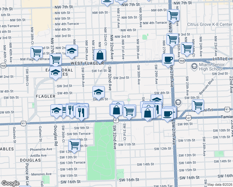 map of restaurants, bars, coffee shops, grocery stores, and more near 3167 Southwest 4th Street in Miami
