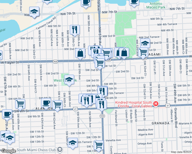 map of restaurants, bars, coffee shops, grocery stores, and more near 5756 Southwest 2nd Terrace in Miami