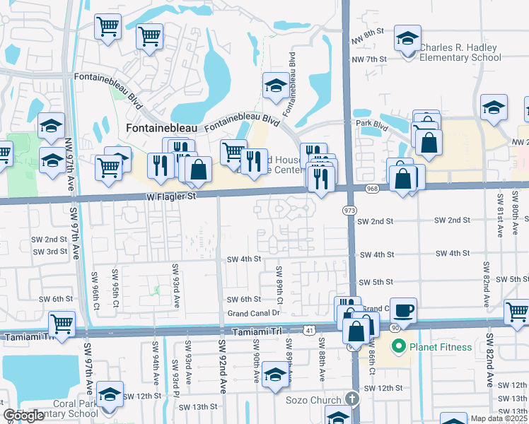 map of restaurants, bars, coffee shops, grocery stores, and more near 8964 West Flagler Street in Miami
