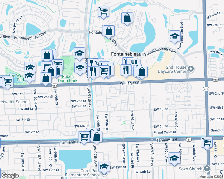map of restaurants, bars, coffee shops, grocery stores, and more near 9580 Southwest 1st Street in Miami