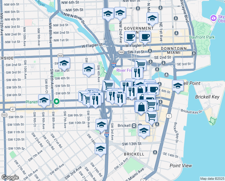 map of restaurants, bars, coffee shops, grocery stores, and more near 275 Southwest 6th Street in Miami