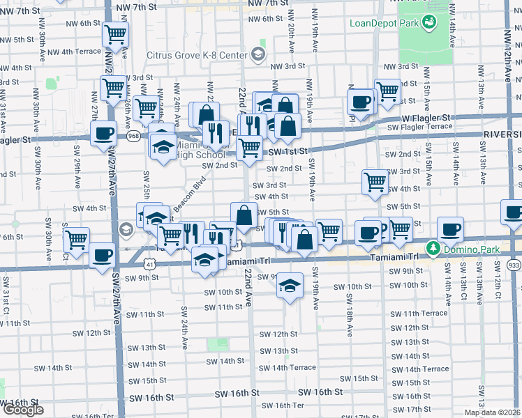 map of restaurants, bars, coffee shops, grocery stores, and more near 405-425 Southwest 22nd Court in Miami