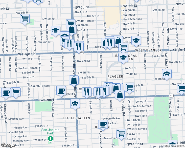 map of restaurants, bars, coffee shops, grocery stores, and more near 3940 Southwest 4th Street in Coral Gables