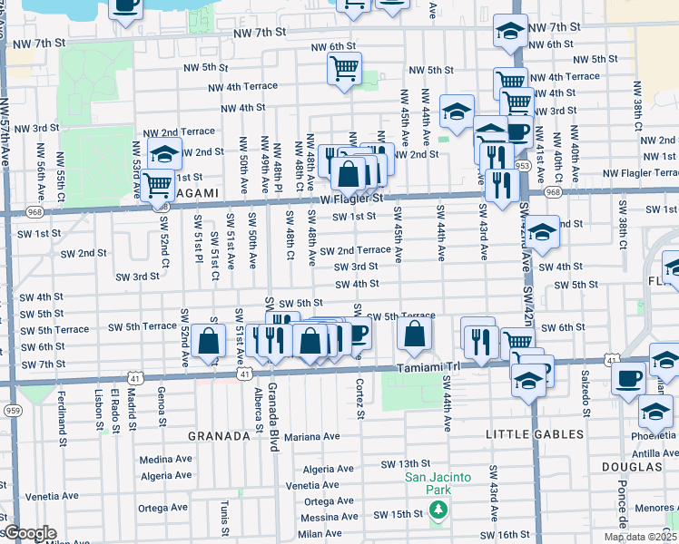 map of restaurants, bars, coffee shops, grocery stores, and more near 4740 Southwest 3rd Street in Coral Gables