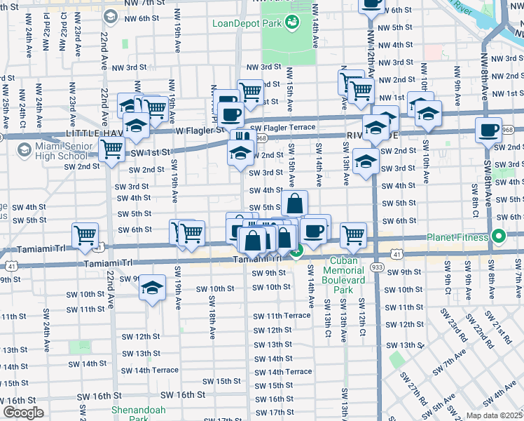 map of restaurants, bars, coffee shops, grocery stores, and more near 1600 Southwest 5th Street in Miami