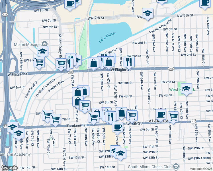 map of restaurants, bars, coffee shops, grocery stores, and more near 6760 Southwest 2nd Street in Miami