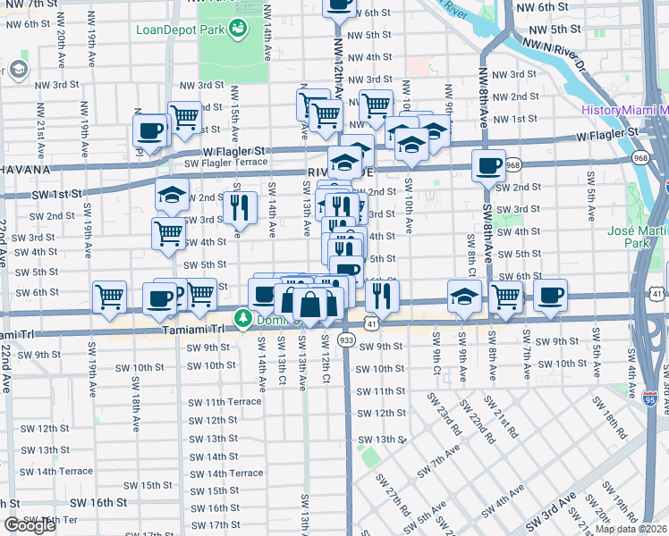 map of restaurants, bars, coffee shops, grocery stores, and more near 1244 Southwest 5th Street in Miami